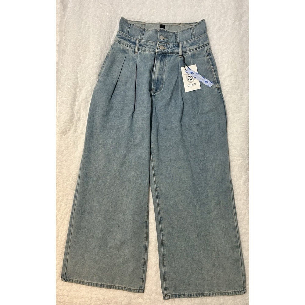Cider Wide Leg Jeans Medium Blue High Rise Pleated Baggy